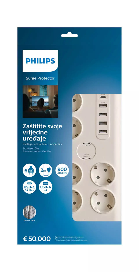 KABLLO VAZHDUESE PHILIPS SPN7060WA/58 | SURGE PROTECTION 6 DALJE 4 USB 1 TYPE-C 2M WHITE