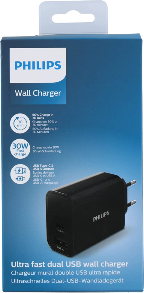 MBUSHES FAST CHARGING PHIIPS DLP2621/12 | DUAL PORT USB-A TYPE-C 30W BLACK
