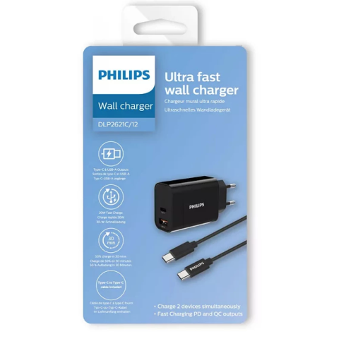 MBUSHES FAST CHARGING PHIIPS DLP2621C/12 | DUAL PORT TYPE-C/TYPE-C 30W 1M BLACK