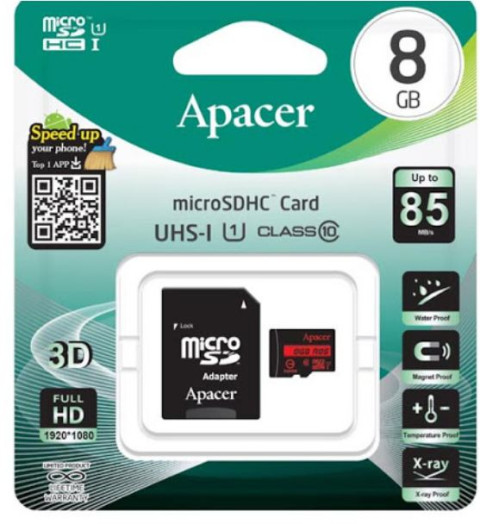 APACER MICRO SDHC 8GB. CLASS10. UHS-I U1. W/ 1 ADAPTER RP