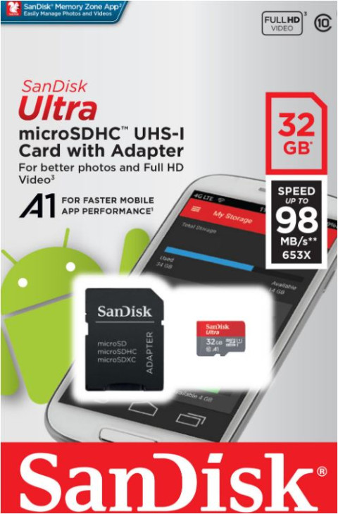 MICRO SD SANDISK ULTRA | 32GB UHS-I CLASS10 98MB/S ME ADATPER SDSQUAR-O32GB-GN6MA