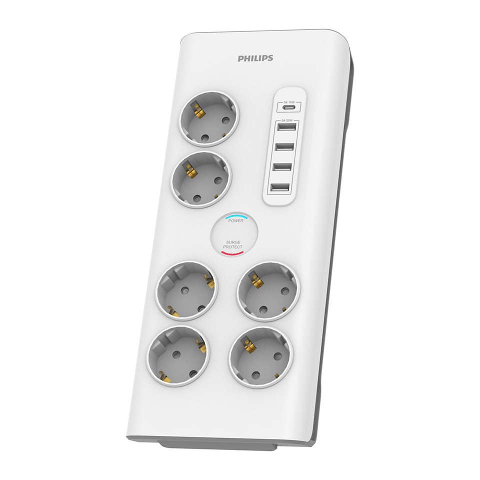 KABLLO VAZHDUESE PHILIPS SPN7060WA/58 | SURGE PROTECTION 6 DALJE 4 USB 1 TYPE-C 2M WHITE